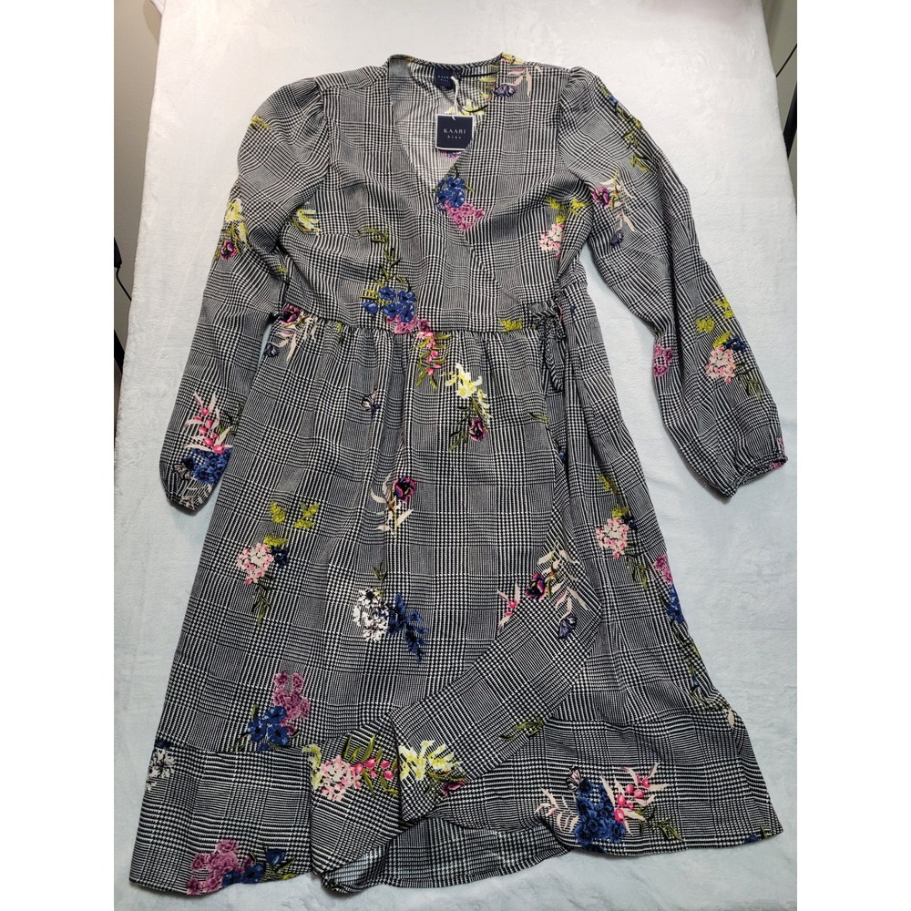 NWT Kaari Blue Faux Wrap Dress Women XL Black White Plaid Floral  Ruffle V-Neck